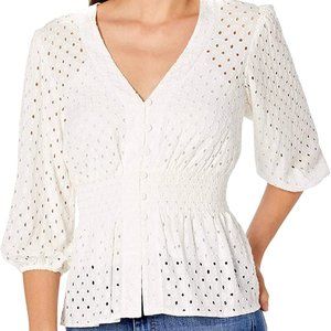 BCBG MAXAZRIA Eyelet Peplum Top Blouse White